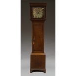 An oak longcase clock, 19th Century, with plain hood, the trunk with crossbanded door on plinth
