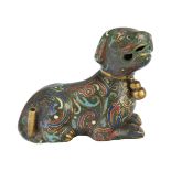 A Chinese gilt metal and cloisonné incense holder, early 20th century, modelled as a recumbent dog