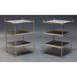 A pair of faux shagreen and chromed three tier etageres, of recent manufacture, the square faux