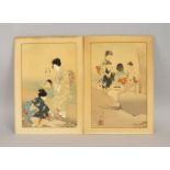 A collection of five Japanese prints of ladies and children in landscapes and by the sea, 20th