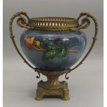 A gilt metal mounted pottery vase, late 19th/ early 20th century, the mount with a pierced rim, with