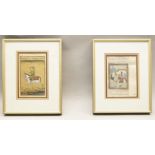 Two Persian manuscript leaves, 20th century, one depicting a nobleman riding a white horse, within a