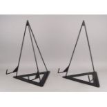 A pair of black painted metal easel form plate stands, of recent manufacture, 48cm high (2)Please
