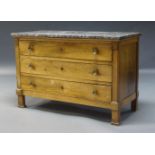 A French Empire style walnut commode, second half 19th Century, with grey marble top above three