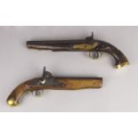 Two brass mounted percussion pistols, 19th century, each with steel barrels, locks and plates and