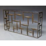 A modern patinated metal console table, of recent manufacture, the rectangular black marble top,