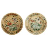 A pair of Chinese porcelain famille verte cafe au lait ground plates, Kangxi period, painted with