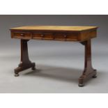 A William IV mahogany library table, the rectangular top, above three frieze drawers on curved end