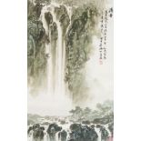 20th century Chinese School, ink and colour on paper, hanging scroll, Waterfall and forest