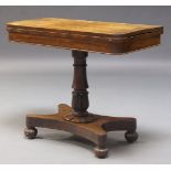 A William IV rosewood card table, the fold-over top enclosing green baize lined playing surface,