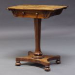 A Regency mahogany side table, the rectangular top above single drawer, flanked by scrolling foliate