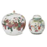 Two Chinese porcelain famille rose jars and covers, late 19th/early 20th century, one painted with a