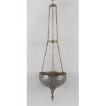 A silver plated copper thurible, 19th century, of cup form with pendant finial, overall decorated