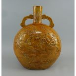 A large Chinese yellow glazed moon flask, of recent manufacture, with two scrolling handles, the
