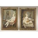 A pair of French 20th century school portrait miniature paintings of a lady and gentleman, seated in