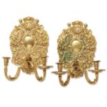 A pair of Dutch gilt-bronze twin-light wall lights, late 19th century, in the 17th century style,