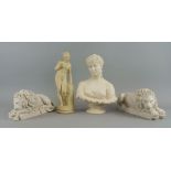 A pair of resin marble models of Canova's lions, of recent manufacture, bearing impressed marks