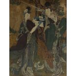 A Chinese painted gesso panel, early 20th century, painted on wood, depicting two meiren dressed