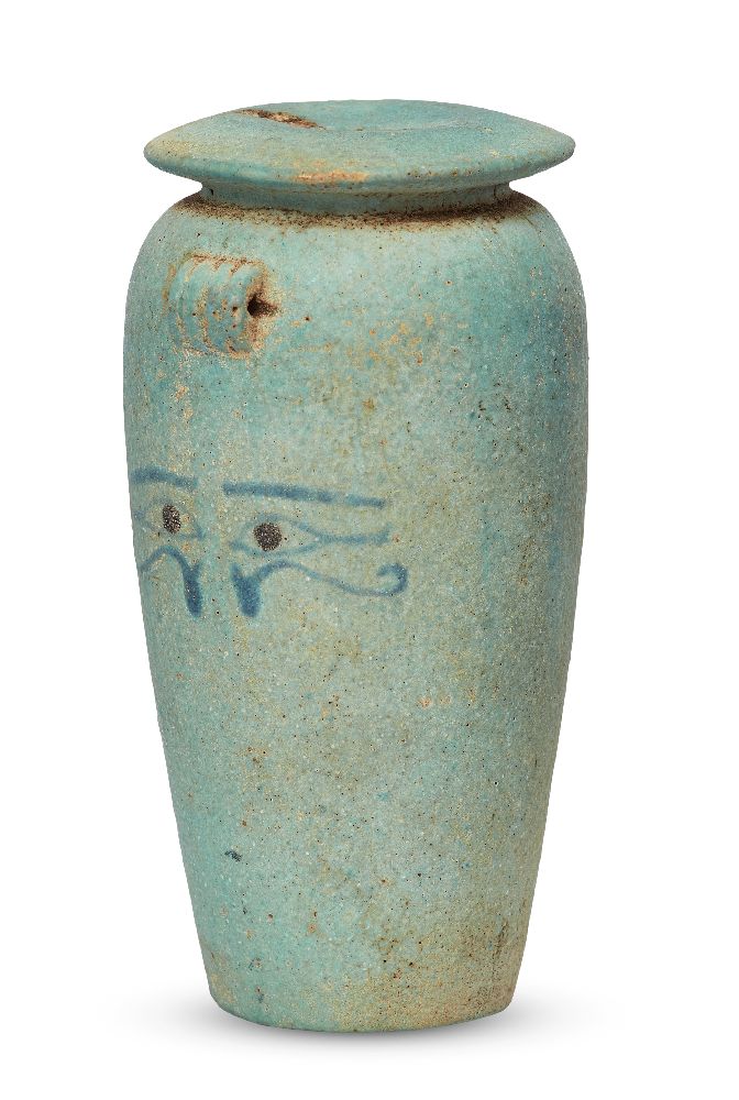 An Egyptian turquoise glazed composition cosmetic jar, New Kingdom, 18th Dynasty, circa 1550-1295