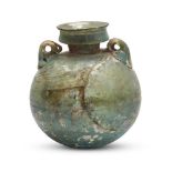 A Roman bluish-green aryballos, 1st-2nd century A.D., with a collar rim, short cylindrical neck,