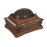 A fine olivewood and copper and silver inlaid jewellery box from Rudolf Stobbe, circa 1900, of domed