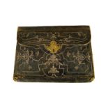 An unusually large dated Ottoman embroidered brown leather wallet, inscribed "Constantinople 1723"