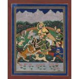 A tiger hunt, Jaipur, circa 1870, gouache on paper heightened with gold, depicting a ruler with