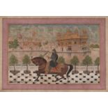 A Sikh watercolor of Guru Gobind Singh Ji (1666-1708) on a horse with his favorite falcon, in the