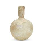 A late Roman pale yellow iridescent glass flask, 4th century A.D., with a cylindrical neck and