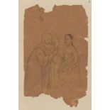 A fragmentary Mughal study of a young woman and old man, India, 17th century, pencil on paper,