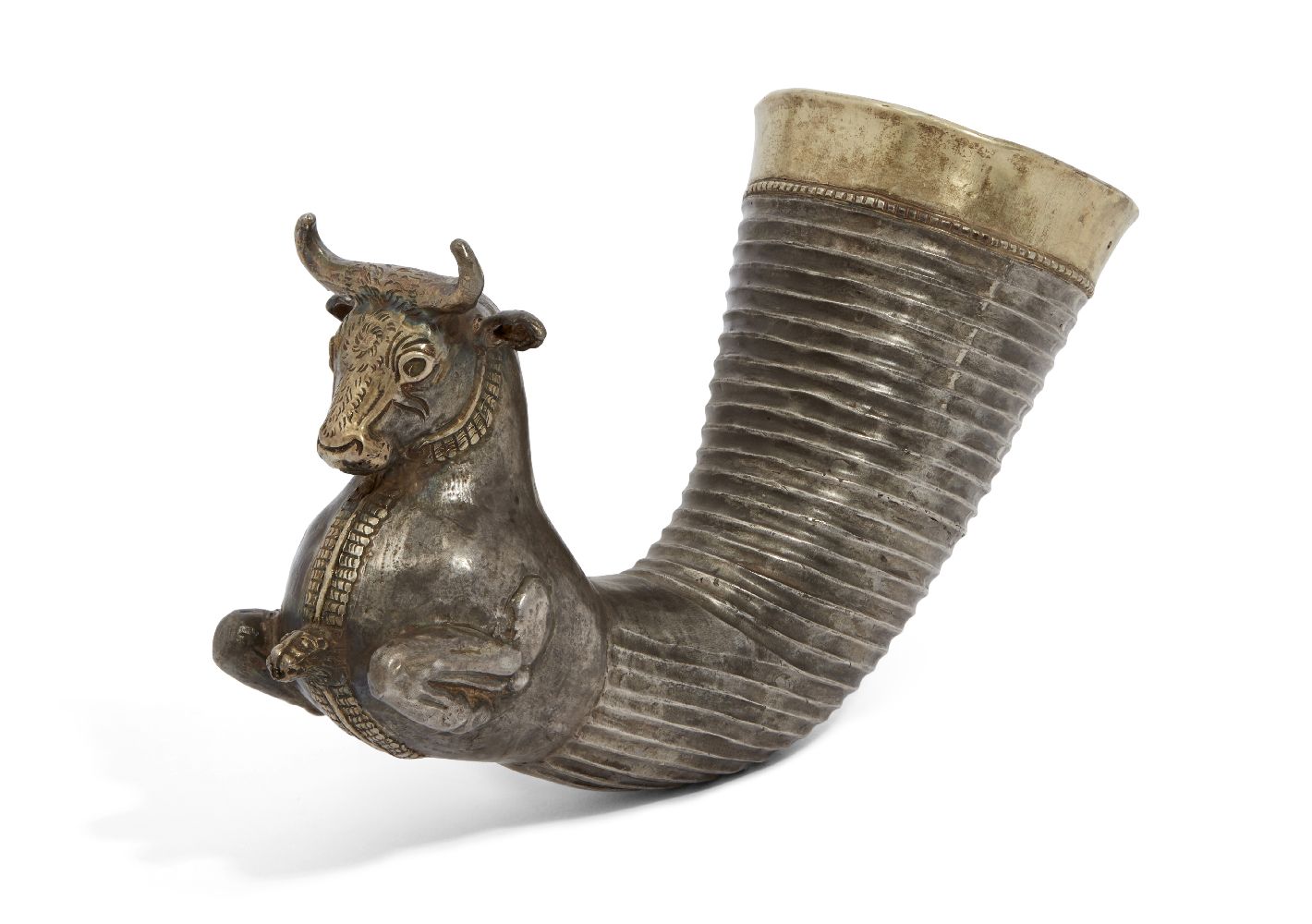 A copy of a Thracian rhyton in the form of a bull, 20th century, the horn-shaped vessel with