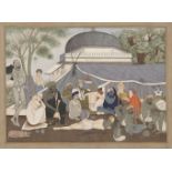 A modern Company School style painting of figures in an outdoor setting, India, 20th century,