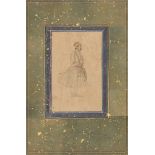 A drawing of a standing noble on an album page, Rajasthan, 19th century, pencil and opaque