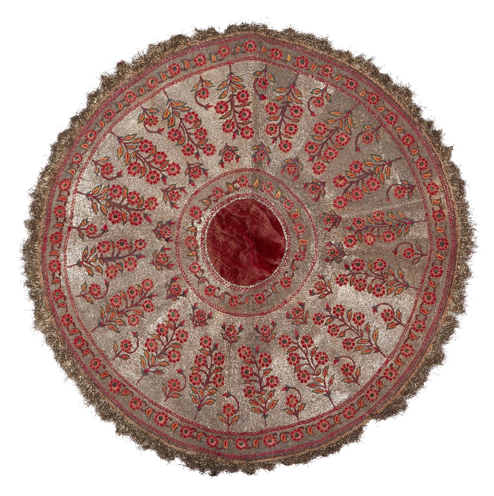 A Mughal velvet and gilt metal thread embroidered huqqa mat, India, 18th century, the red velvet