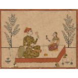A noble on a dais with female attendant, North India, 19th century, opaque pigments on paper, the