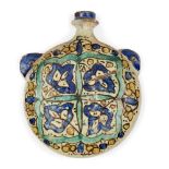 A polychrome painted Kutahya pottery flask, Turkey, 19th century, in turquoise, cobalt, yellow and
