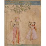 A lady arranging her turban whilst a maid holds up a mirror, Pahari, North India, 18th century,