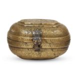 A Mughal brass lidded casket, Deccan, 18th century, of ovoid form, the domed lid rising in tiers,