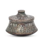 A fine small silver and copper inlaid bronze lidded vessel, Chaghatayid Dynasty, Central Asia,