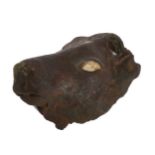 A Mesopotamian bronze bull head attachment, 3rd millenium B.C., with shell eye inlay remaining,