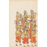 A processional scene, Mewar, India, 19th century, gouache on paper, depicted led by a group of