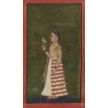 Standing portrait of a lady holding a flower sprig, probably Bundi, Rajasthan, 18th century,