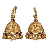 A pair of Etruscan bell-shaped gold earrings, 2nd century A.D., with filigree and wire decoration to