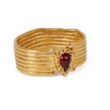 An ancient gold ring with pear-shaped red glass stone, 6th-4th century BC., ring size M approx.,