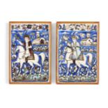 Two small Qajar moulded tiles, Isfahan, Iran, 19th century, underglaze painted in cobalt, turquoise,