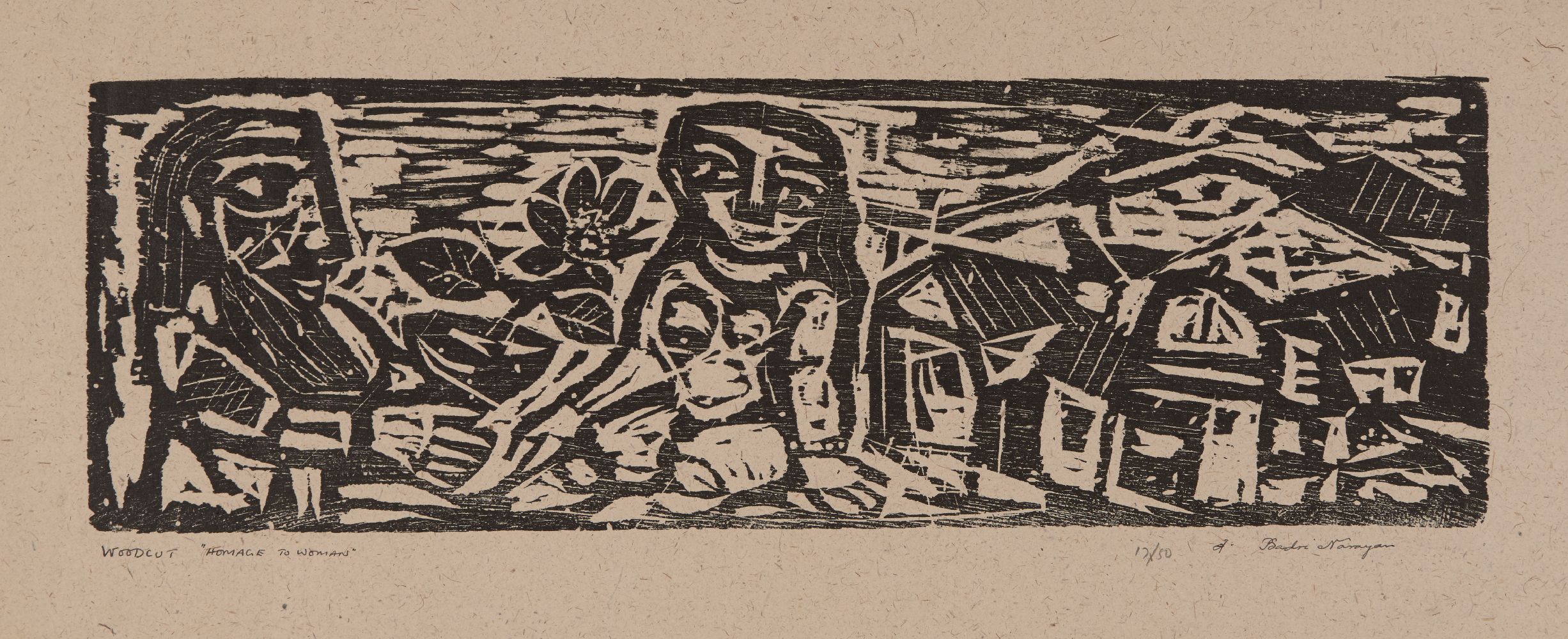 Badri Narayan, (1929-2013), Homage To Woman, woodcut on paper, 12/50, signed to bottom right, 20 x