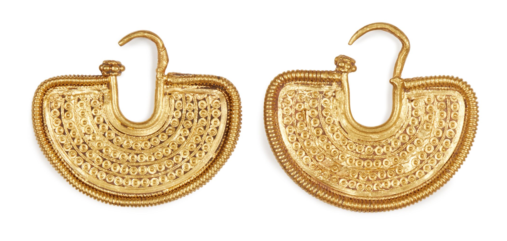 A pair of ancient gold fan-shaped earrings, the semi-circular panels with wire borders and decorated