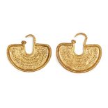 A pair of ancient gold fan-shaped earrings, the semi-circular panels with wire borders and decorated