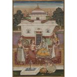 An illustration to a Ragamala, depicting ladies worshipping Shiva, a fountain to the foreground,