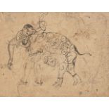 A composite elephant, a lion and a feline eating an antelope, India, 19th century, pen and opaque